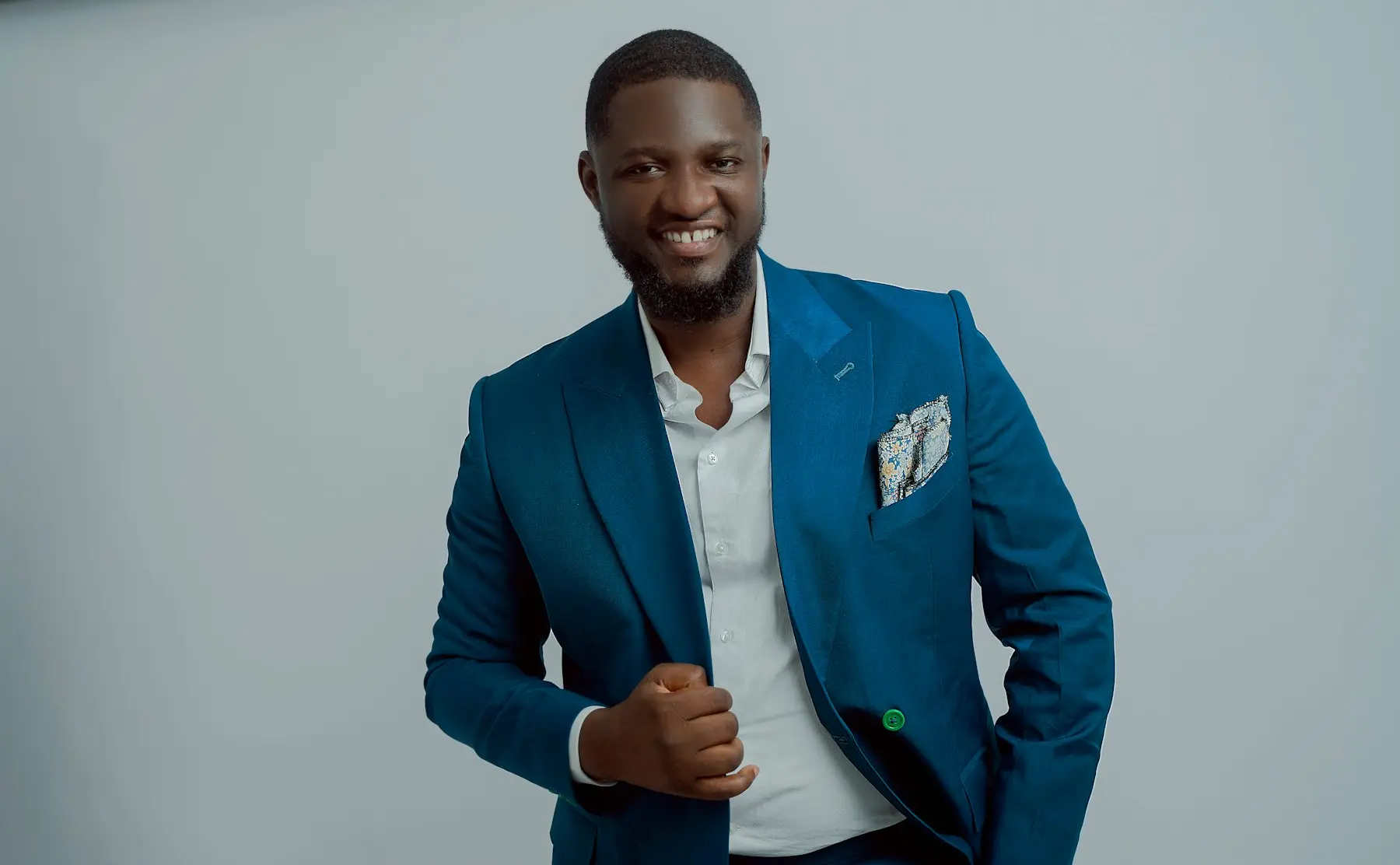 Confident seller in a blue suit